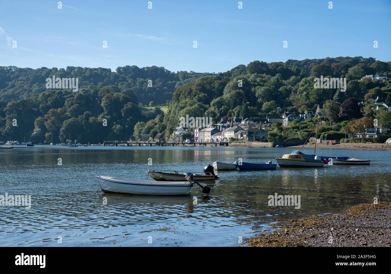 Boats moored along the shore from Dittisham, Devon, United Kingdom Stock Photo