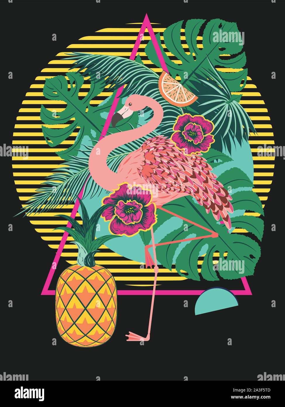 Cute cartoon pink flamingo with tropical leaves and fruits design ...