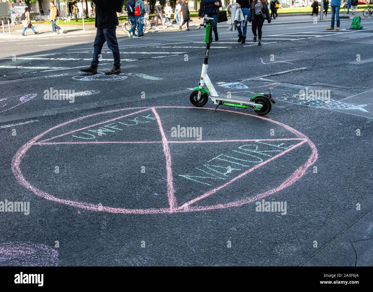 Germany, Berlin, Potsdamer Platz, 7th October 2019. Extinction Rebellion (XR) Protest in Berlin for more climate protection and the prevention of species extinction. . Demonstrators occupied a major traffic intersection at Potsdamer Platz and brought traffic to a halt. Credit: Eden Breitz/Alamy Stock Photo