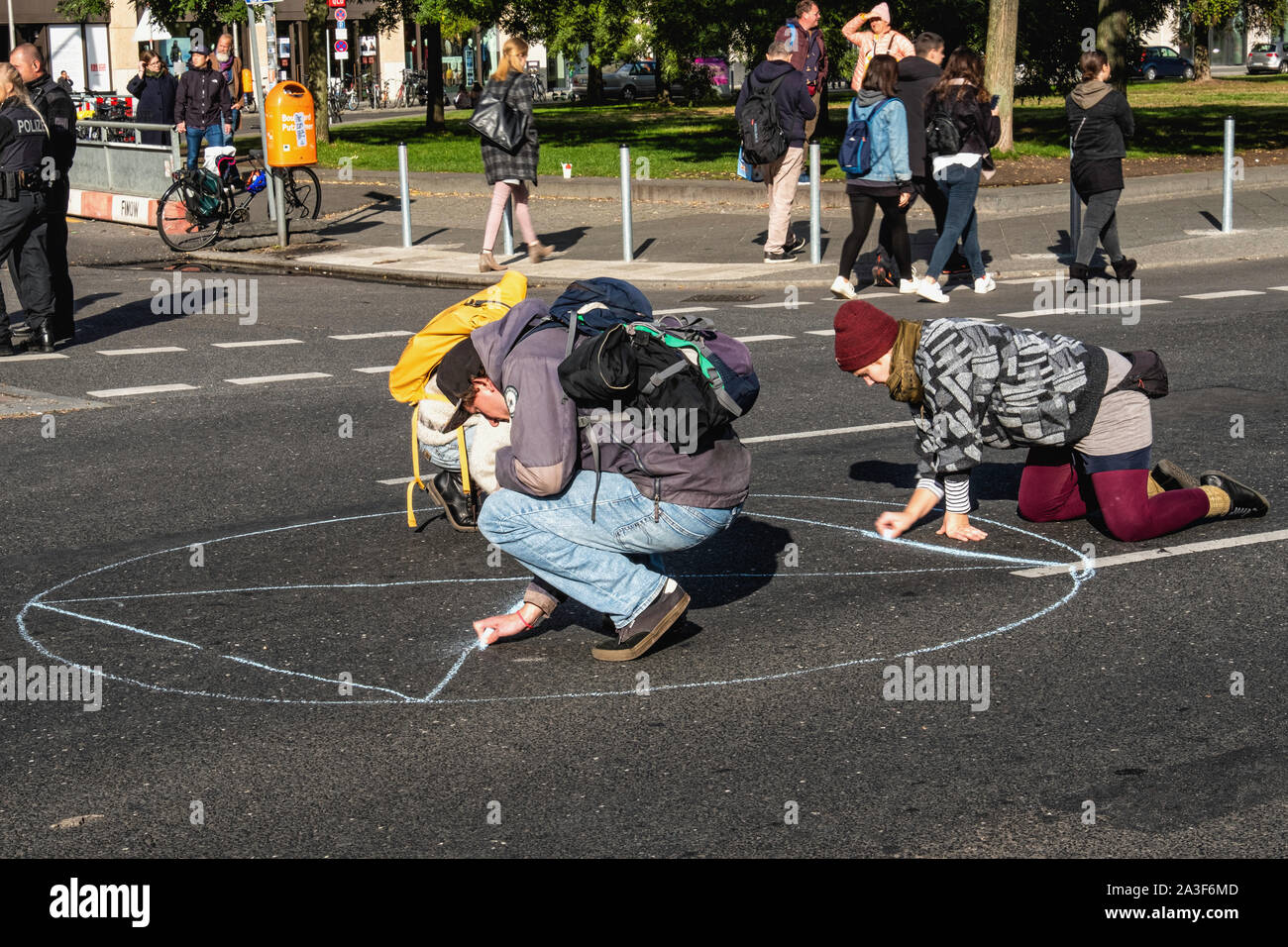 Germany, Berlin, Potsdamer Platz, 7th October 2019. Extinction Rebellion (XR) Protest in Berlin for more climate protection and the prevention of species extinction. . Demonstrators occupied a major traffic intersection at Potsdamer Platz and brought traffic to a halt. Credit: Eden Breitz/Alamy Stock Photo