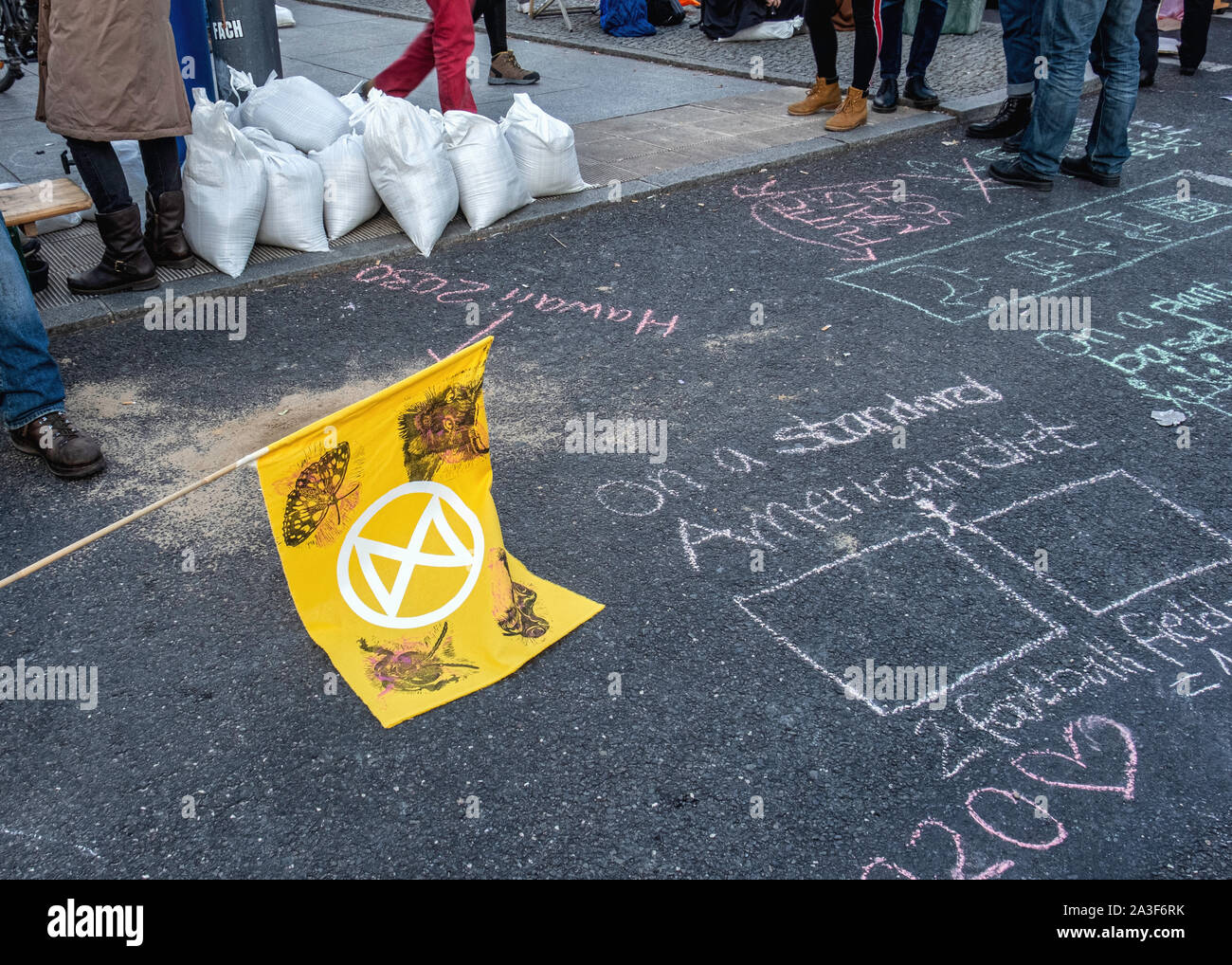 Germany, Berlin, Potsdamer Platz, 7th October 2019. Extinction Rebellion (XR) Protest in Berlin for more climate protection and the prevention of species extinction. . Demonstrators occupied a major traffic intersection at Potsdamer Platz and brought traffic to a halt. Credit: Eden Breitz/Alamy Stock Photo