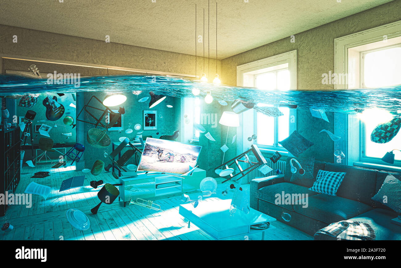 3d image rendering of a modern living room flooded with floating objects. Concept of problem and crisis. Stock Photo