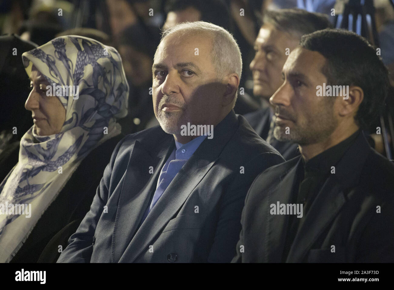 Tehran, Iran. 7th Oct, 2019. Iranian Foreign Minister, MOHAMMAD JAVAD ZARIF, attends a ceremony to commemorate Tehran Day at Golestan Palace in Tehran, Iran. This Day is the date that Tehran was officially chosen as the capital of Iran by the Qajar Dynasty. Zarif said: ''There are two points to mention: the first is about identity and the second one is on citizenship. Identity means talking and communicating with others. Identity is a prerequisite in order to be present in society. We are proud of our identity and history, but we don't show it off. We all will leave behind economic problems. Stock Photo