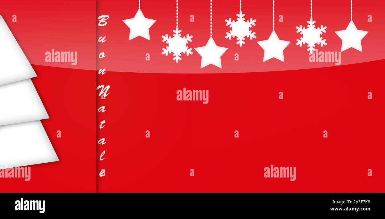 Christmas card of red color with tree and hanging stars Stock Photo - Alamy