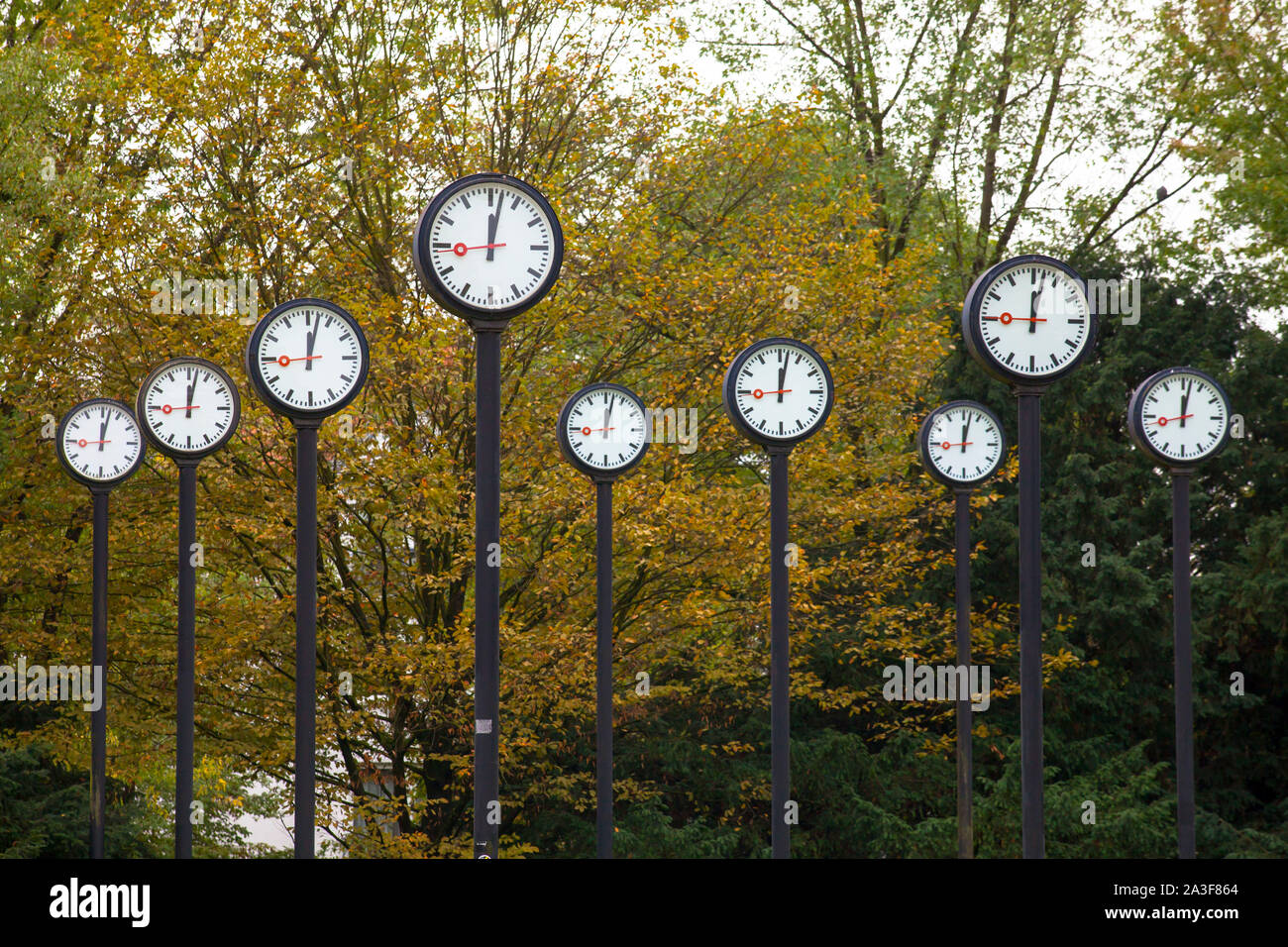 clock installation 'Zeitfeld' by Klaus Rinke in the Volksgarden, Duesseldorf, Germany.  Uhrensinstallation 'Zeitfeld' von Klaus Rinke im Volksgarten, Stock Photo