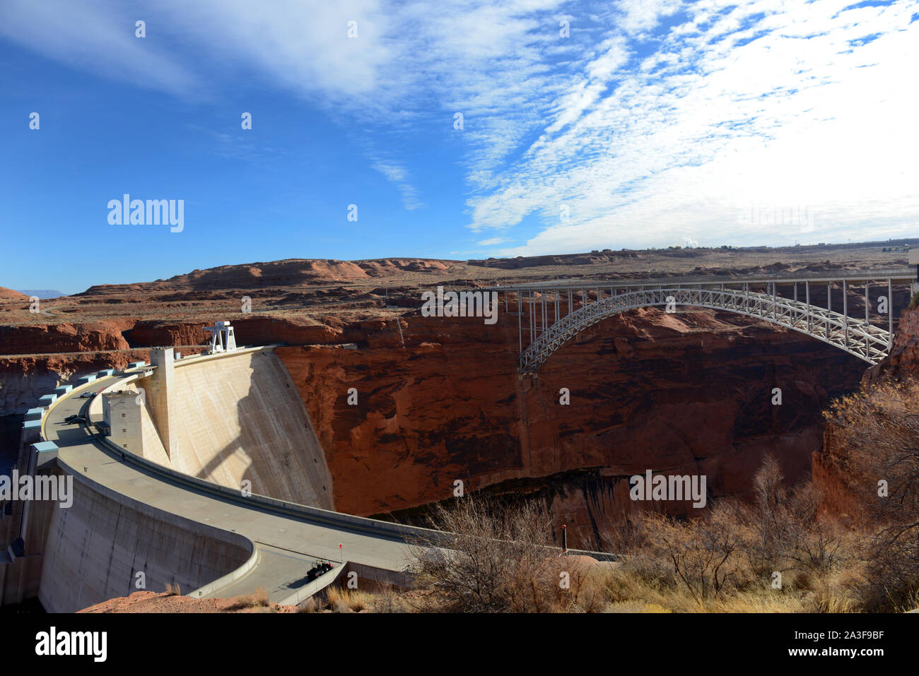 The Glen Canyon Dam with the Glen Canyon Dam Bridge. Stock Photo