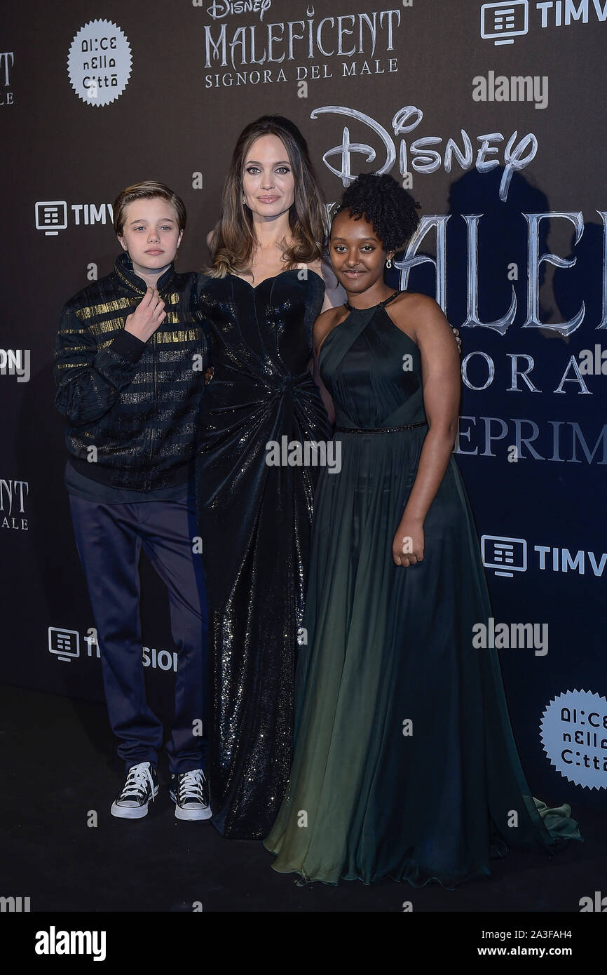 Italy, Rome, October 7, 2019 : European premier of the movie 'Maleficent-Mistress of Evil' pictured : Angelina Jolie and son Shiloh Jolie-Pitt and Zah Stock Photo