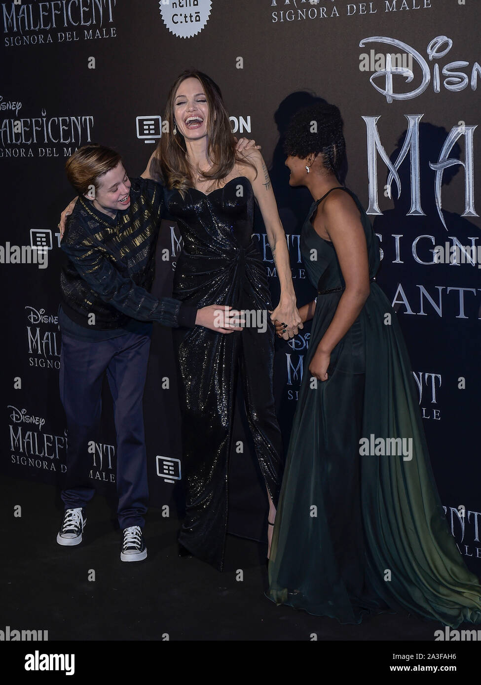 Italy, Rome, October 7, 2019 : European premier of the movie 'Maleficent-Mistress of Evil' pictured : Angelina Jolie and son Shiloh Jolie-Pitt and Zah Stock Photo