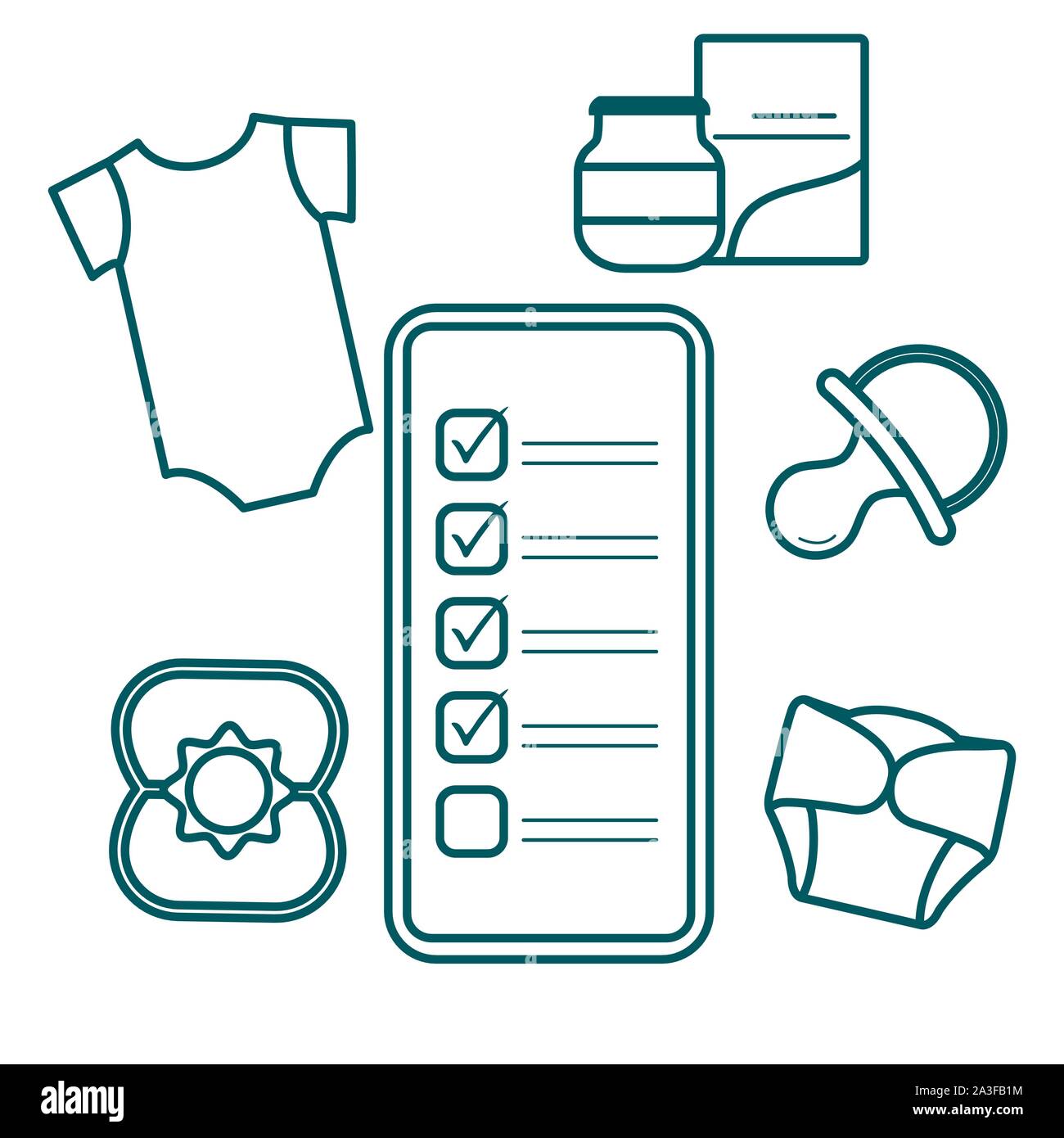 Vector illustration with smartphone with checklist, newborn baby