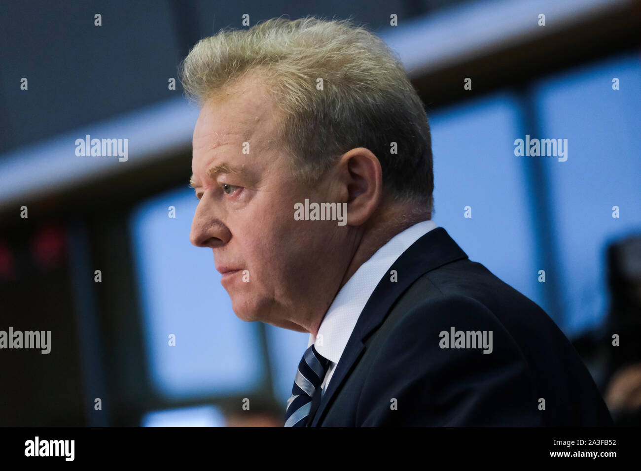 Brussels, Belgium. 8th Oct, 2019. European Agriculture Commissioner-designate Janusz Wojciechowski of Poland attends his hearing before the European Parliament. Credit: ALEXANDROS MICHAILIDIS/Alamy Live News Stock Photo