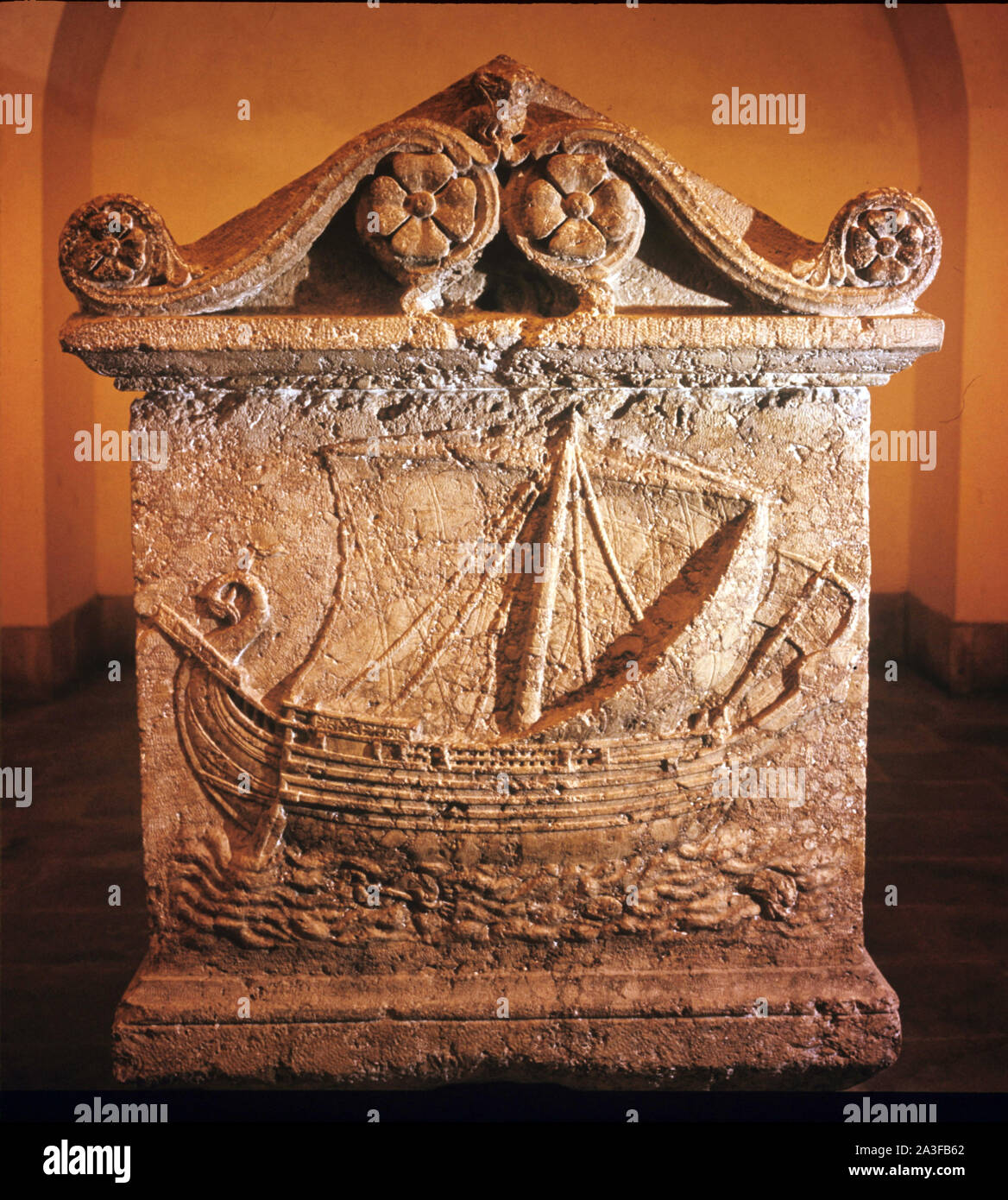 Cargo ship. Phoenician ship. Sidon. Roman period. 2nd cent. AD. sarcophagus. National Museum of Beirut, Lebanon. Stock Photo