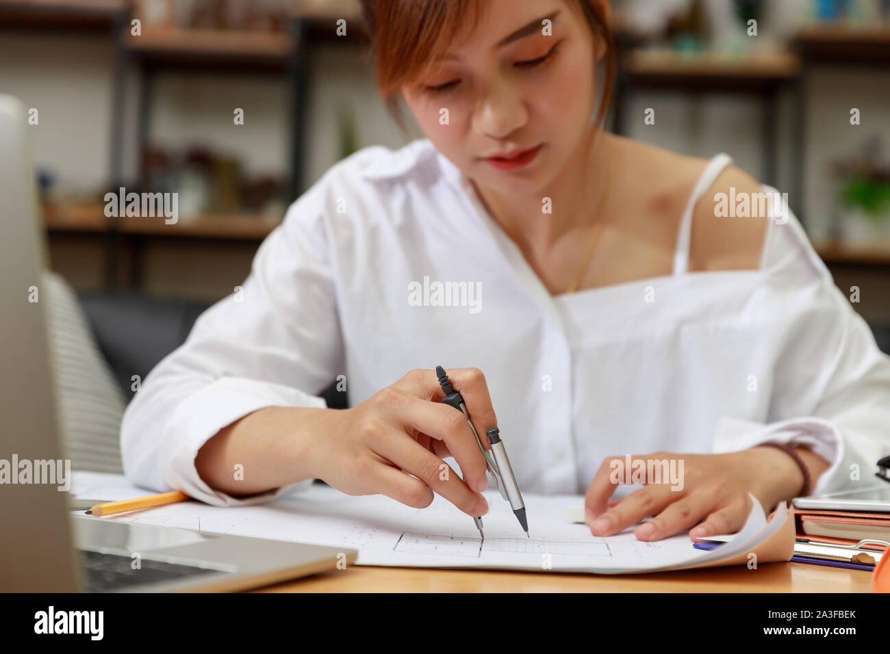 Engineer and Architect concept, Engineer Architects office team working with blueprints Stock Photo
