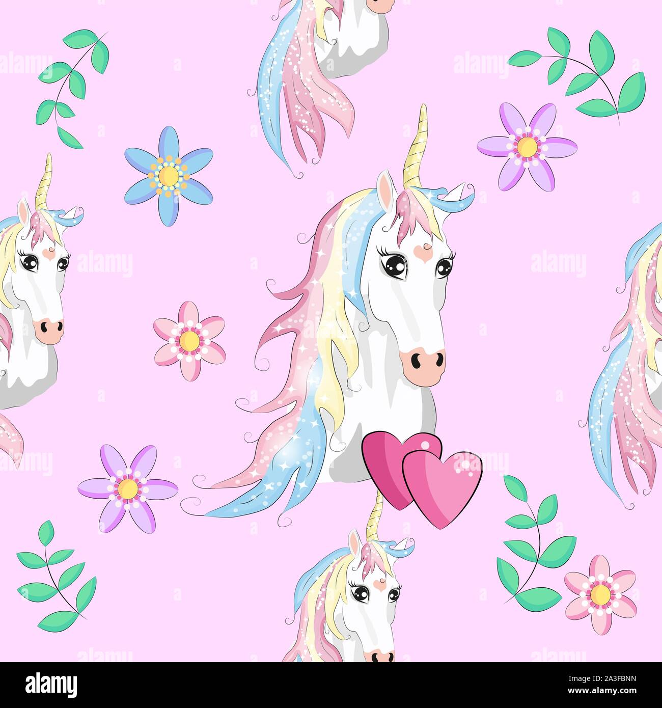 Seamless pattern with cute unicorns, clouds,rainbow and stars. Magic ...