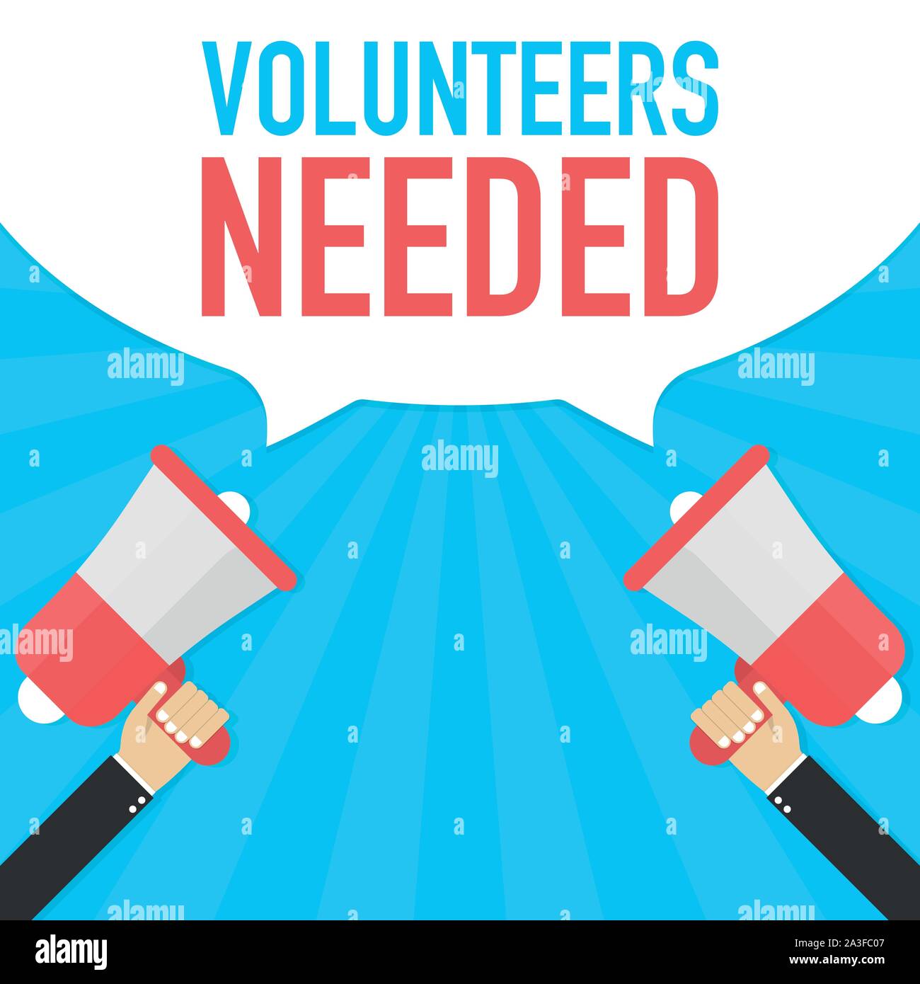 Male hand holding megaphone with volunteers needed speech bubble Stock ...