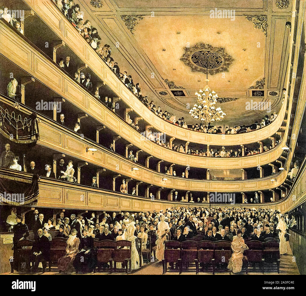 Auditorium in the Old Burgtheater, Vienna (1888) by Gustave Klimt (1862-1918) Austrian painter. Gouache study of the original building attached to the Hofburg at Michaelerplatz before its relocation in 1888. Stock Photo