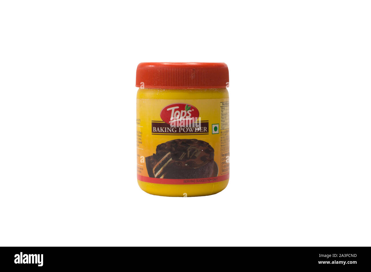 A plastic jar of baking powder isolated on white. Stock Photo