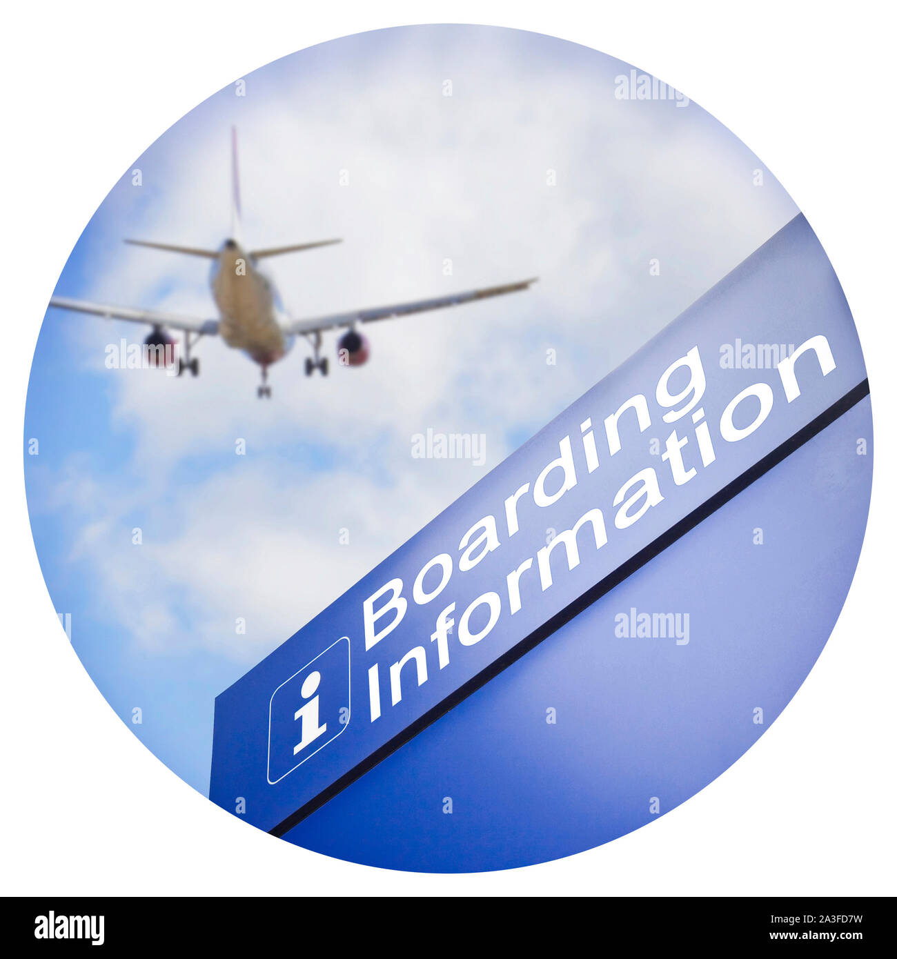 Signage for boarding information - Round icon concept image - Photography in a circle Stock Photo