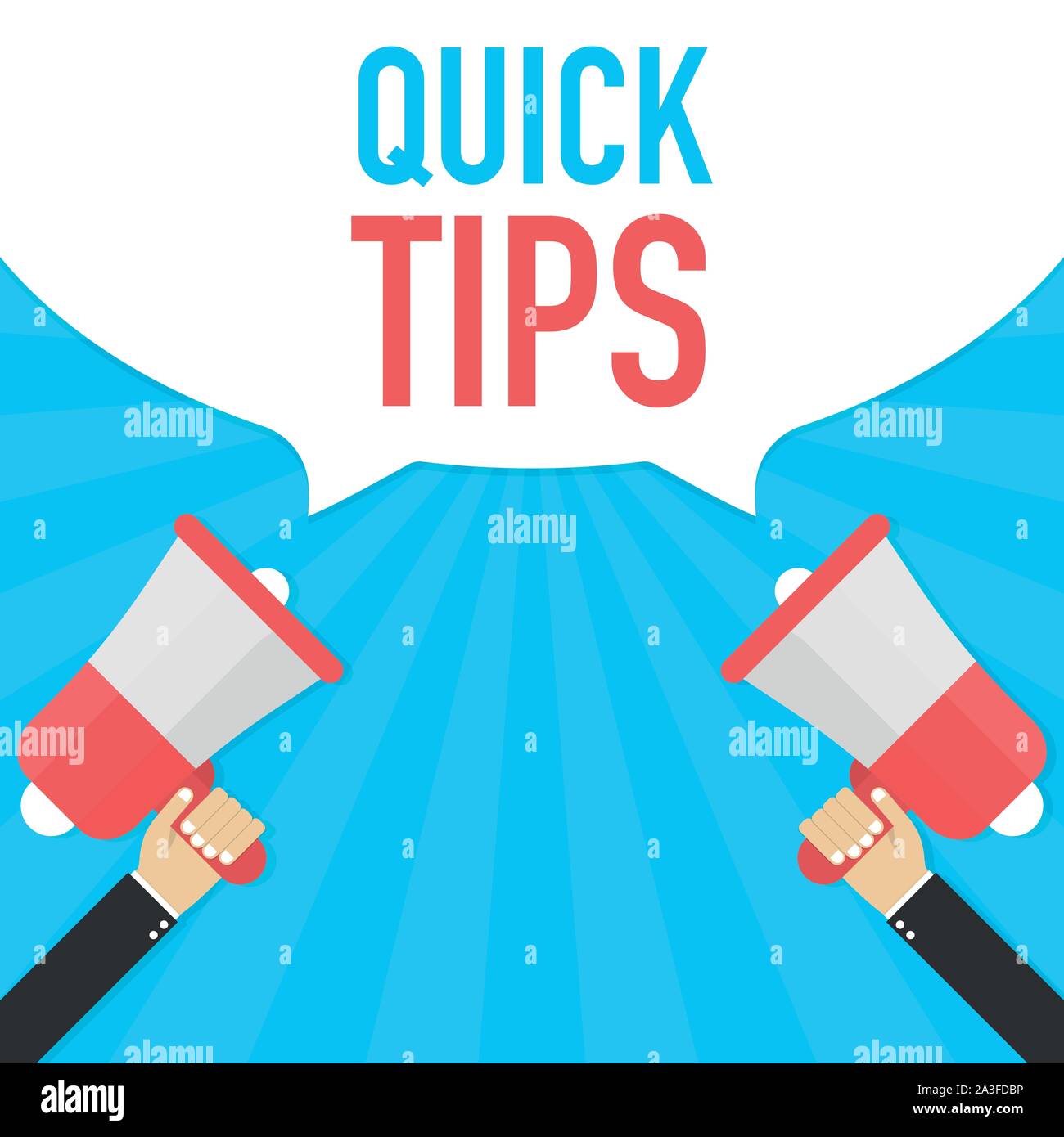 Male hand holding megaphone with Quick tips speech bubble. Loudspeaker. Banner for business. Vector stock illustration. Stock Vector