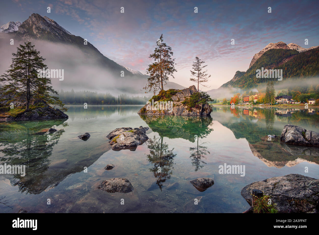 Lake Hintersee, German Alps, Germany. Image of Lake Hintersee located in southern Bavaria, Germany during autumn sunrise. Stock Photo