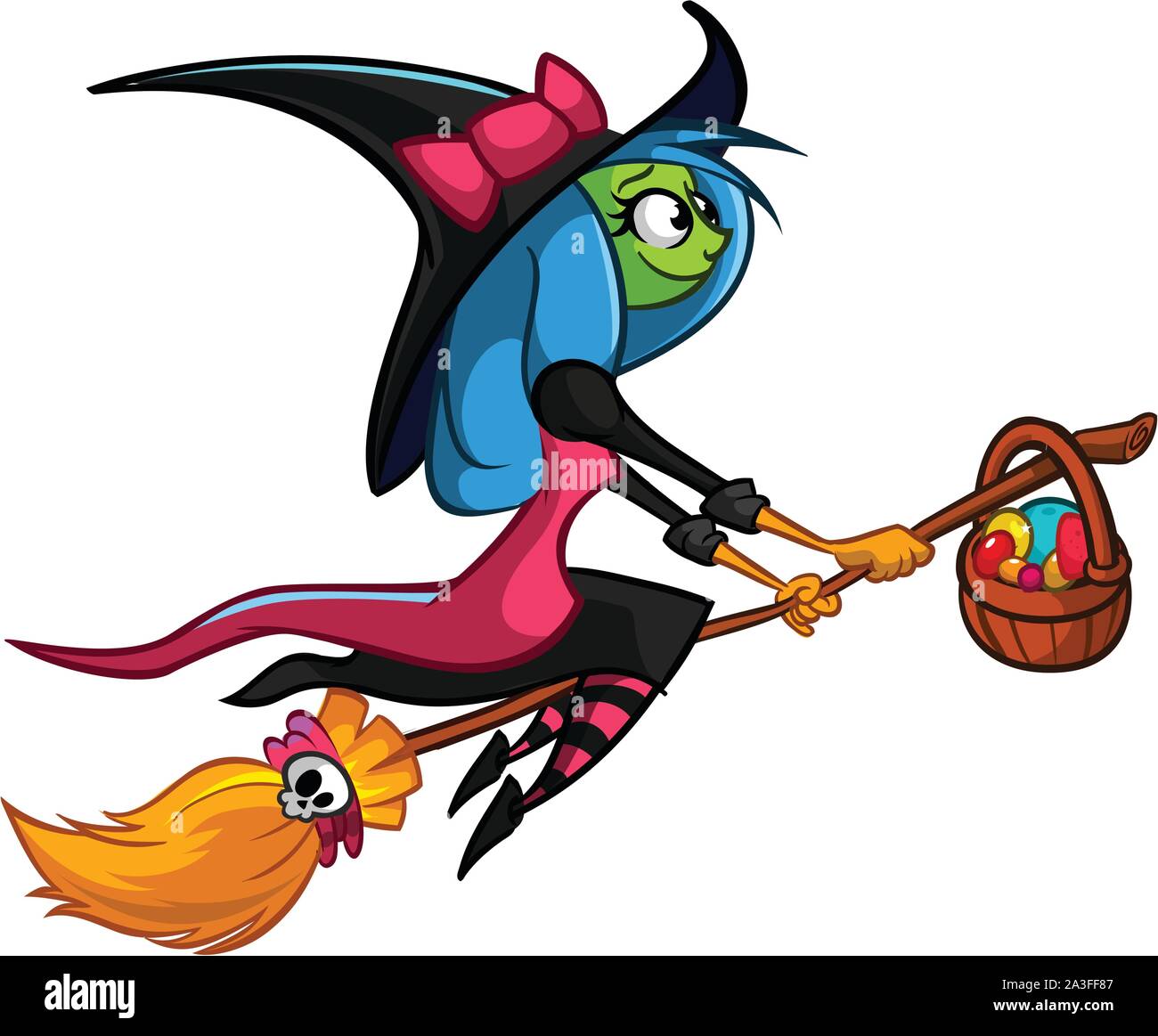 Halloween cute witch flying on her broom. Vector cartoon illustration ...