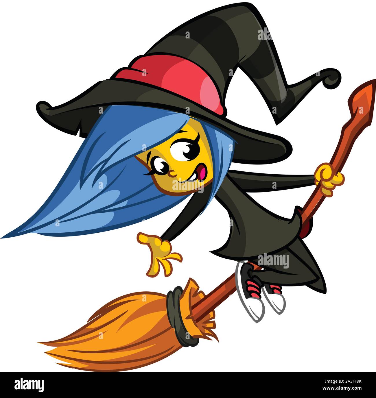 Halloween cute witch flying on her broom. Vector cartoon illustration ...