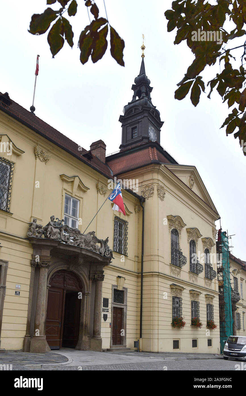 The Falcon flag has appeared at the City Hall building in Brno, as Czechia commemorates today, on Tuesday, October 8, 2019, for the first time as a Day of Significance, the 1,500 members of the Sokol (Falcon) sports organisation whom the Nazis arrested and deported to concentration camps on new Deputy Reichsprotektor Reinhard Heydrich's order in the night of October 8, 1941. A few days after the raid, the Nazis banned Falcon. A total of about 5,000 Falcon members were murdered or died in fightings during WWII. Commemorative events and exhibitions highlighting the fate of the Falcon victims and Stock Photo