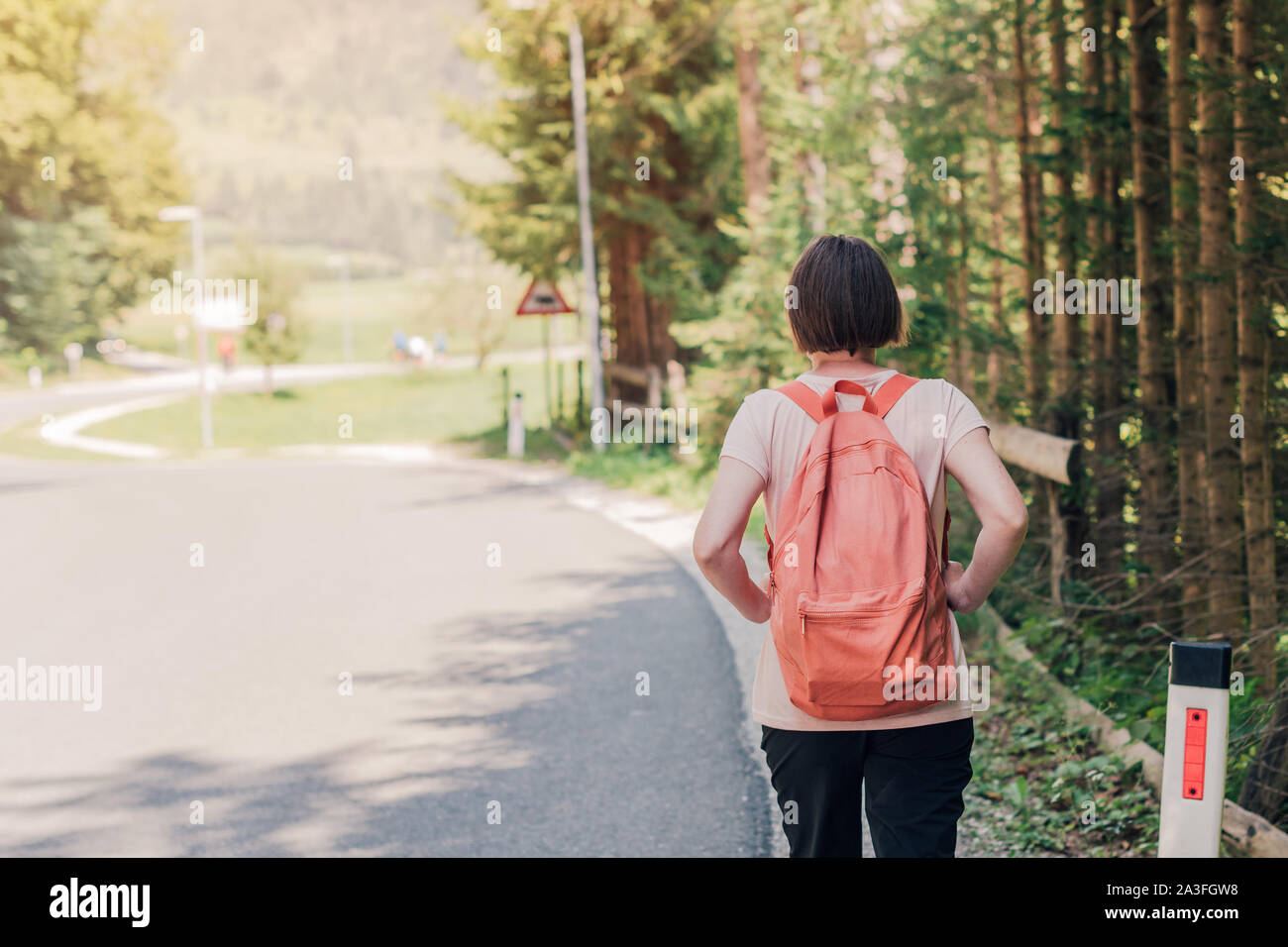 Female hiker walking by the road through countryside, rear view of ...
