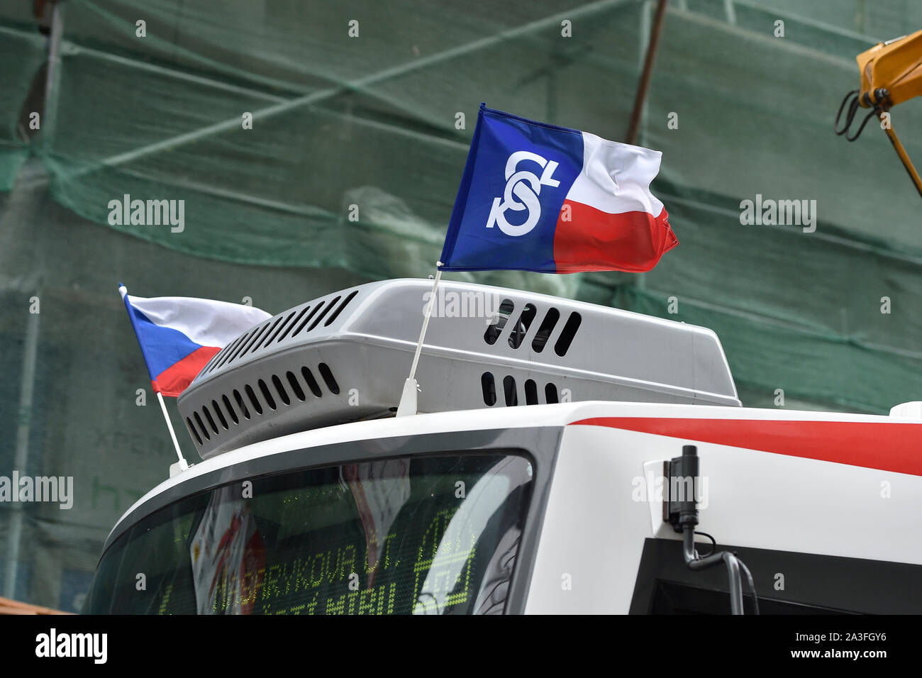 The Falcon flag has appeared at the public transport tram in Brno, as Czechia commemorates today, on Tuesday, October 8, 2019, for the first time as a Day of Significance, the 1,500 members of the Sokol (Falcon) sports organisation whom the Nazis arrested and deported to concentration camps on new Deputy Reichsprotektor Reinhard Heydrich's order in the night of October 8, 1941. A few days after the raid, the Nazis banned Falcon. A total of about 5,000 Falcon members were murdered or died in fightings during WWII. Commemorative events and exhibitions highlighting the fate of the Falcon victims Stock Photo
