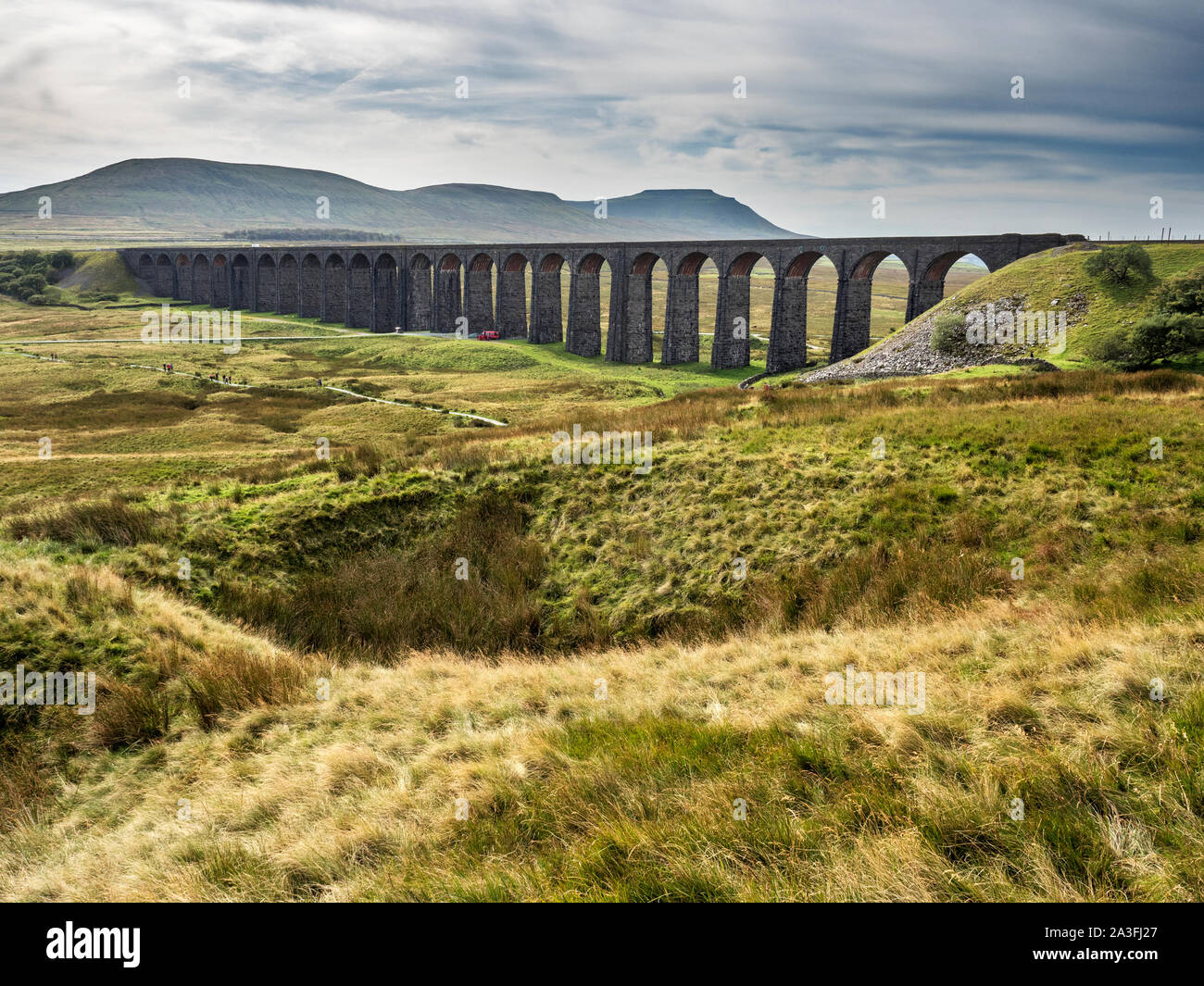 View from the Ribblehead Viaduct toward Ingleborough Hill Ribblehead Yorkshire Dales National Park England Stock Photo