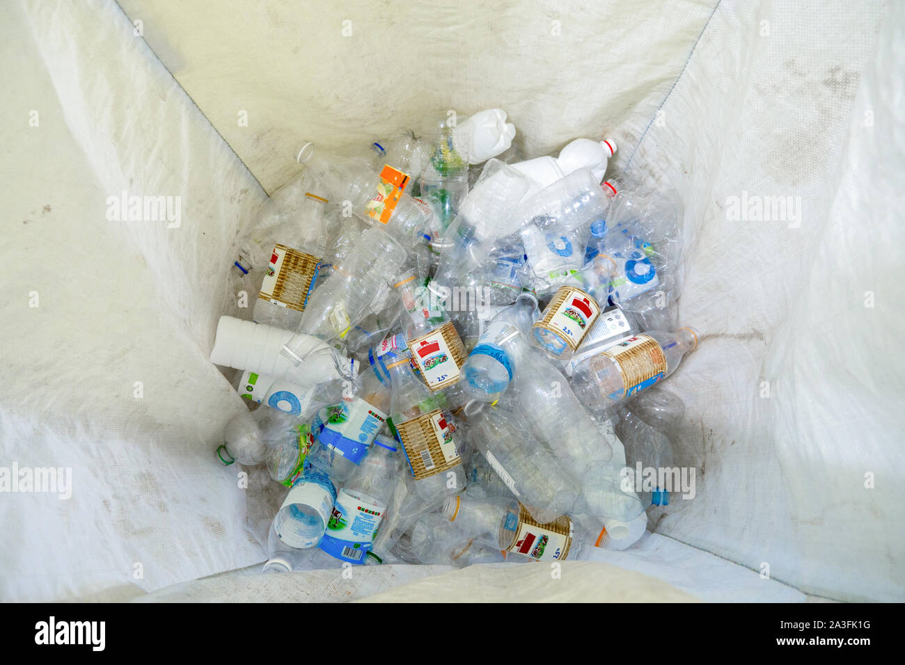 Plastic bottles. Recycle waste management concept. Plastic bottle in recyclable waste. White urn with plastic at the bottom. View from the top. White clean urn for plastic. Activists against waste Stock Photo