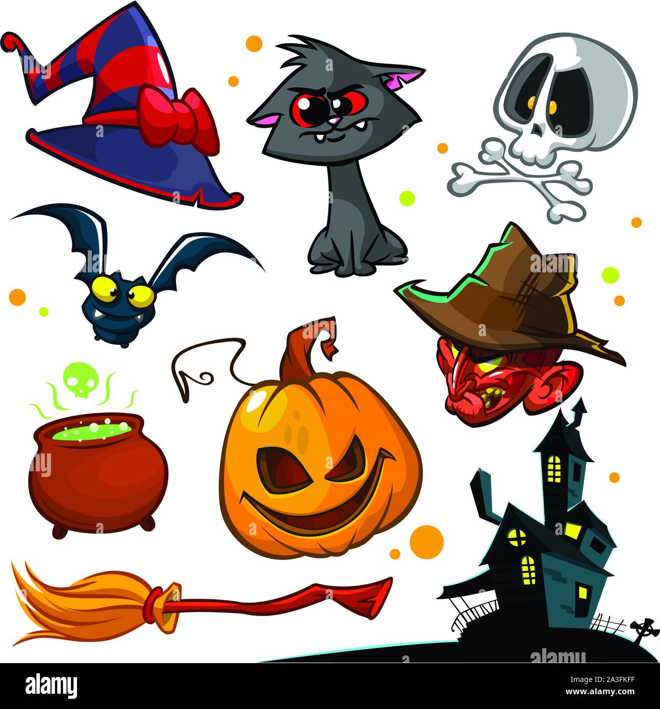 Vector Set Of Halloween Pumpkin And Attributes Icons Witch Cat Pumpkin Head Skull Witch Hat Poisonpot Broomstick And Haunted House Stock Vector Image Art Alamy