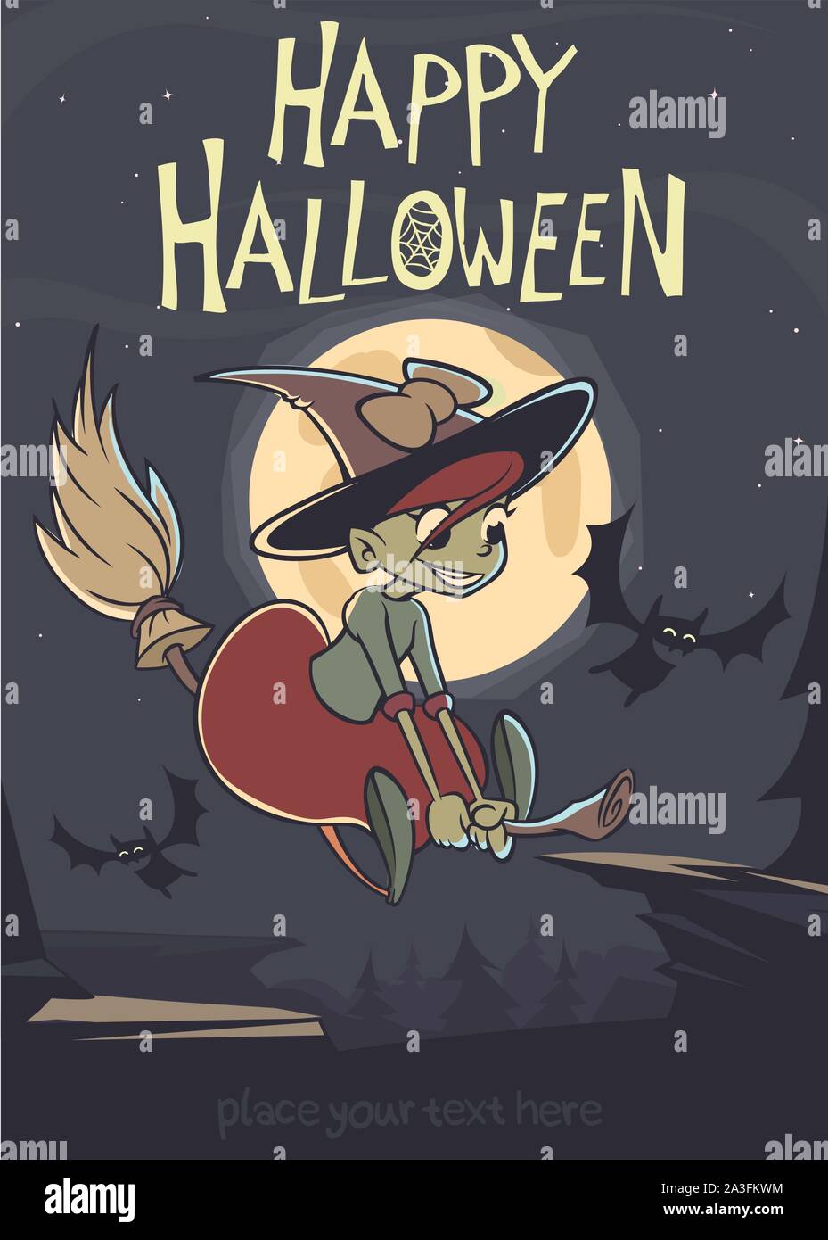 Halloween background with cute witch flying on her broom on a full moon ...