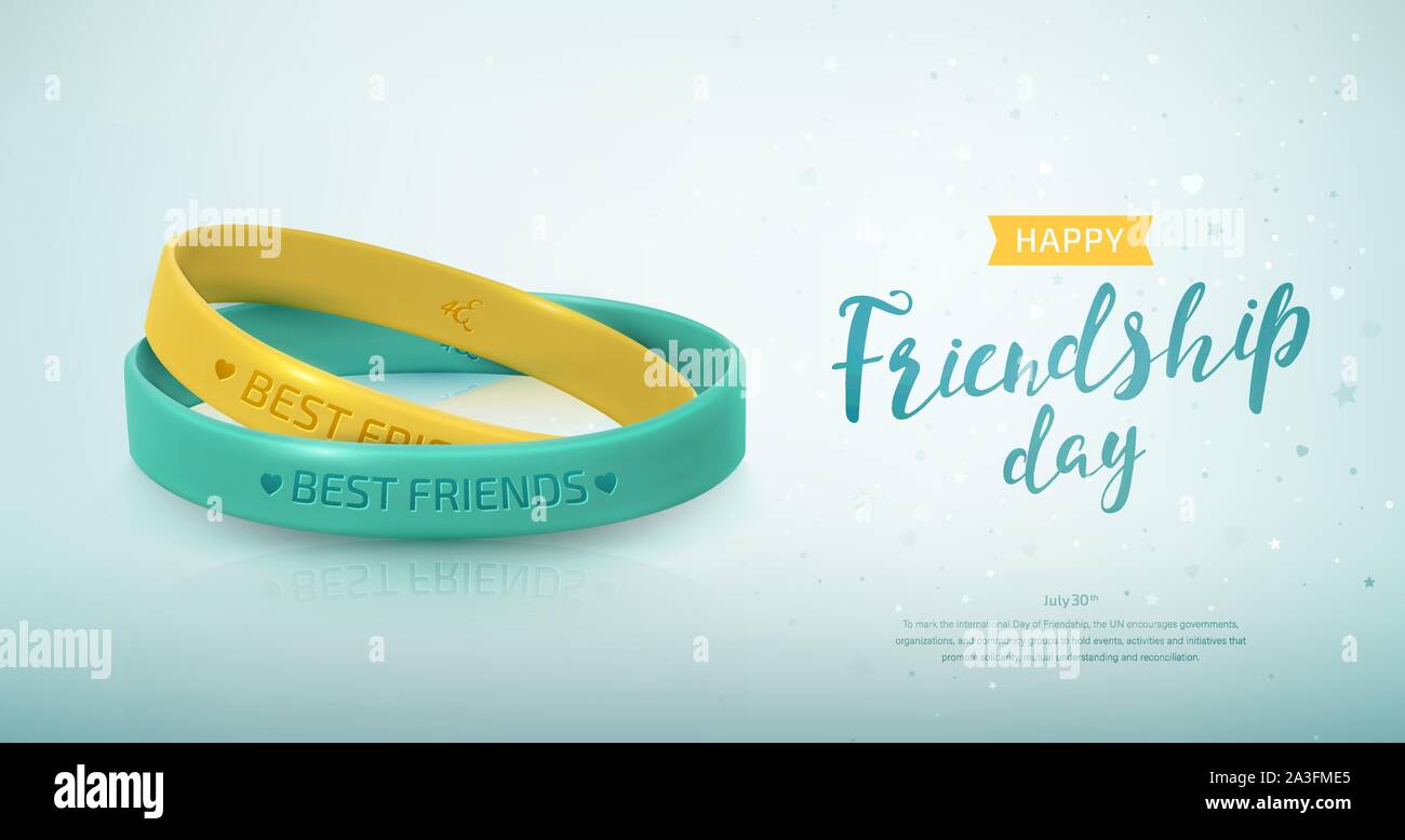 Friendship Day greeting card, happy holiday of amity. Two yellow and turquoise rubber bracelets for best friends. Silicone wristbands and inscription Stock Vector