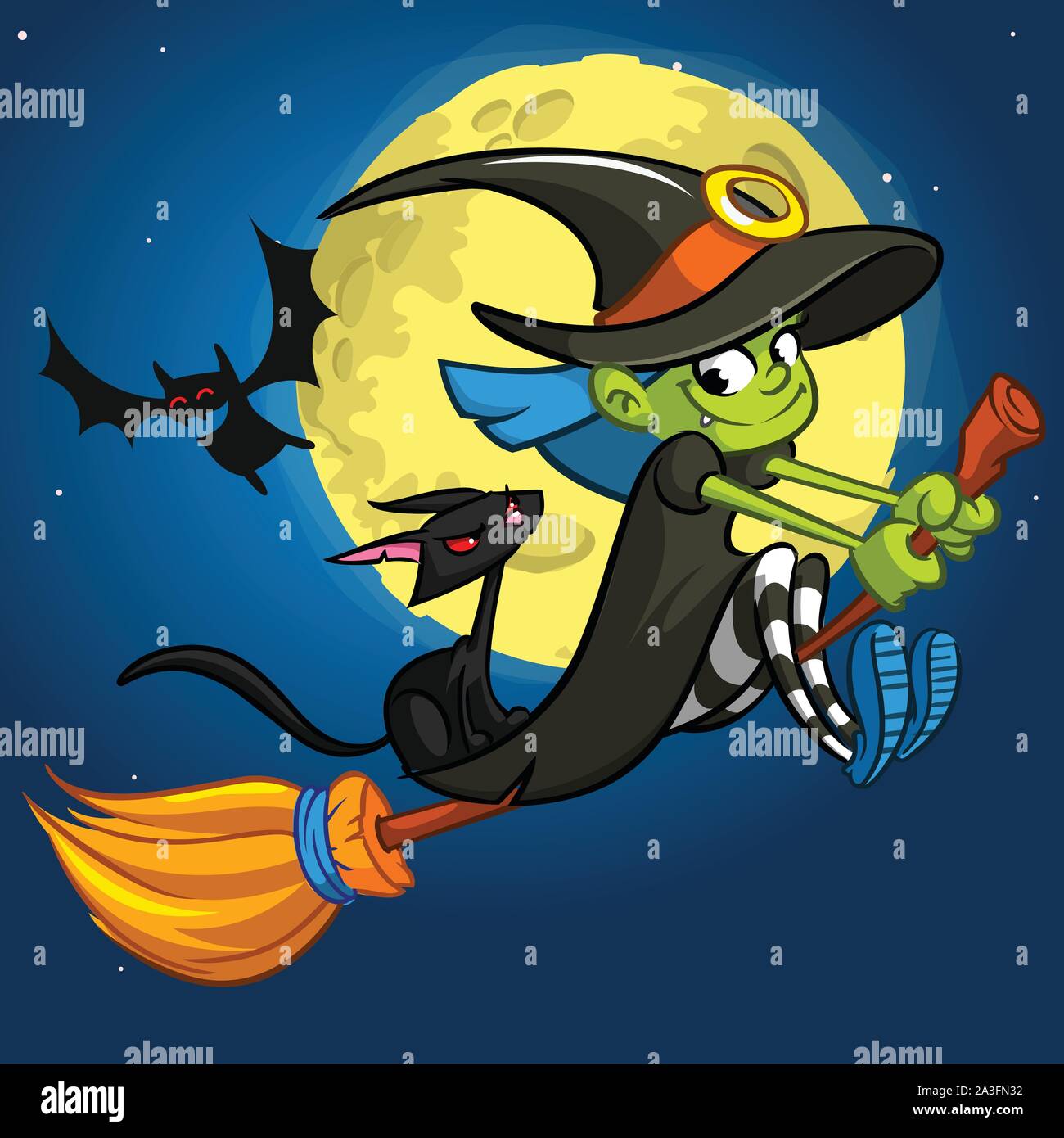 Cute witch flying on her broom. Vector Halloween party invitation Stock ...