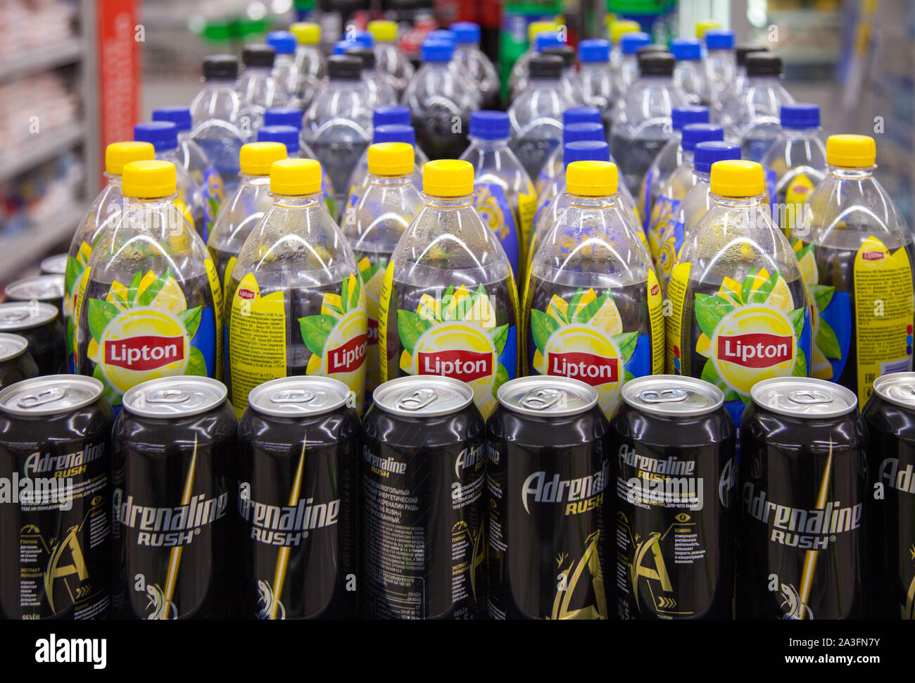 Kaliningrad, Russia - August 25, 2018: Shelve of supermarket with soft drinks. Stock Photo