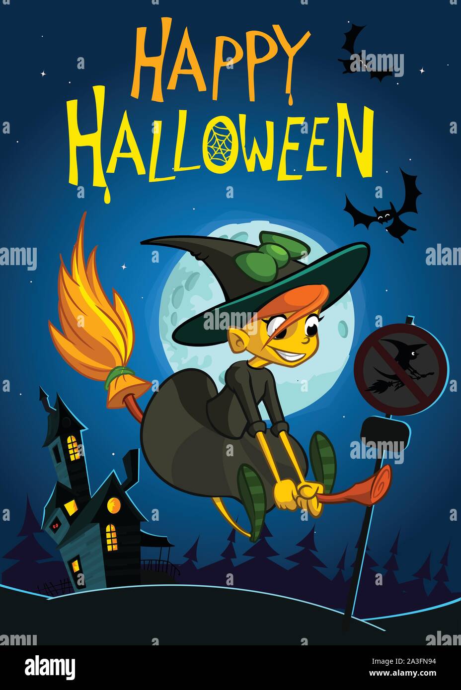 Halloween background with cute witch flying on her broom on a full moon ...
