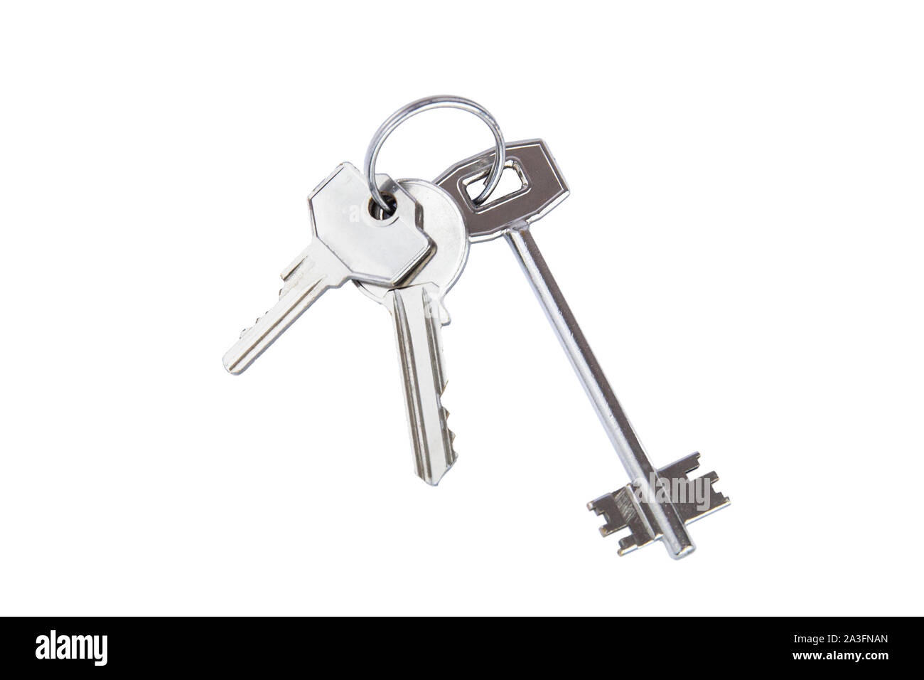 A bunch of keys with metal ring on white background Stock Photo - Alamy