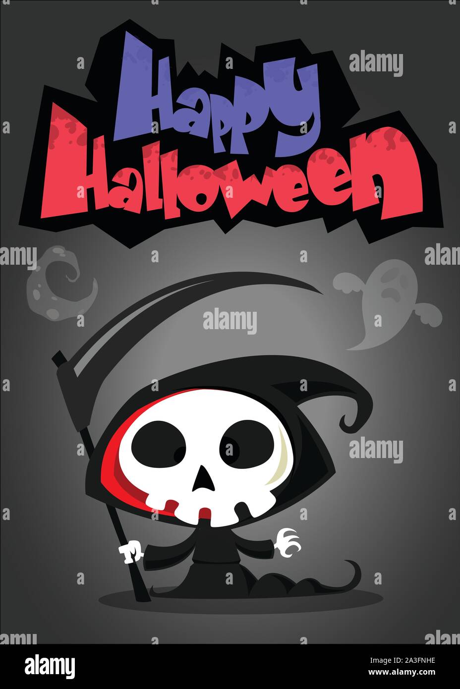 Vector Halloween poster with cute reaper with scythe. Skeleton death  character in black hood isolated on dark background Stock Vector Image &  Art - Alamy