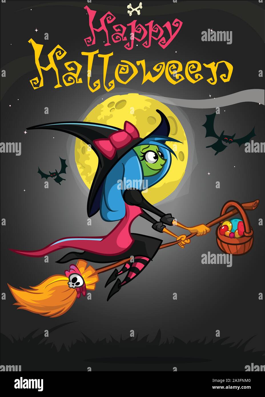 Cute witch flying on her broom. Vector Halloween party invitation Stock ...