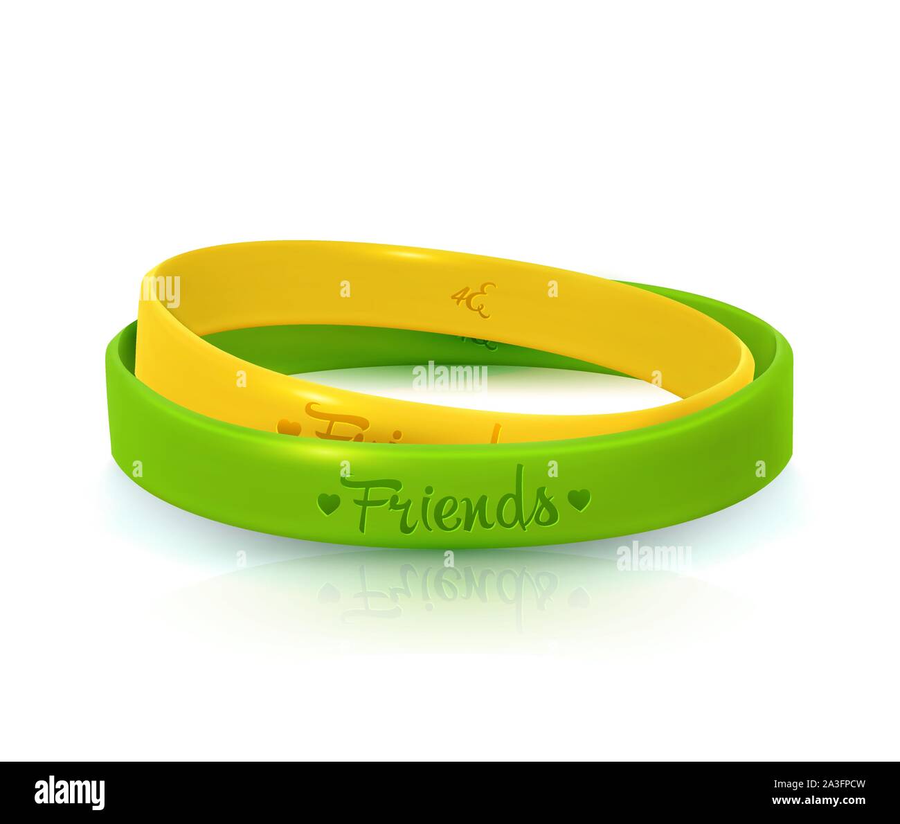 Friendship Day, happy holiday of amity. Two rubber bracelets for best friends yellow and green. Silicone wristbands on white background. Vector illust Stock Vector