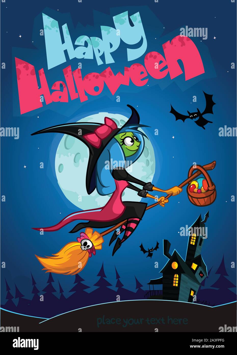 Cute witch flying on her broom. Vector Halloween party invitation Stock ...