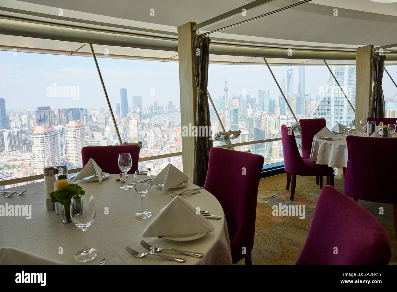 Restaurant with panoramic skyline view Stock Photo