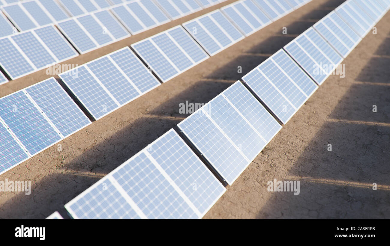 Solar panels. Alternative energy. Renewable energy concept. Ecological, clean energy. Photovoltaic solar panels, with reflection of a beautiful blue Stock Photo