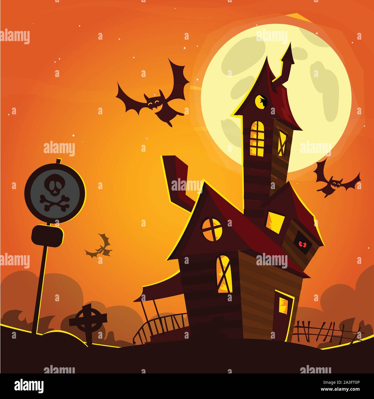 Haunted house on night background with a full moon behind. Vector ...