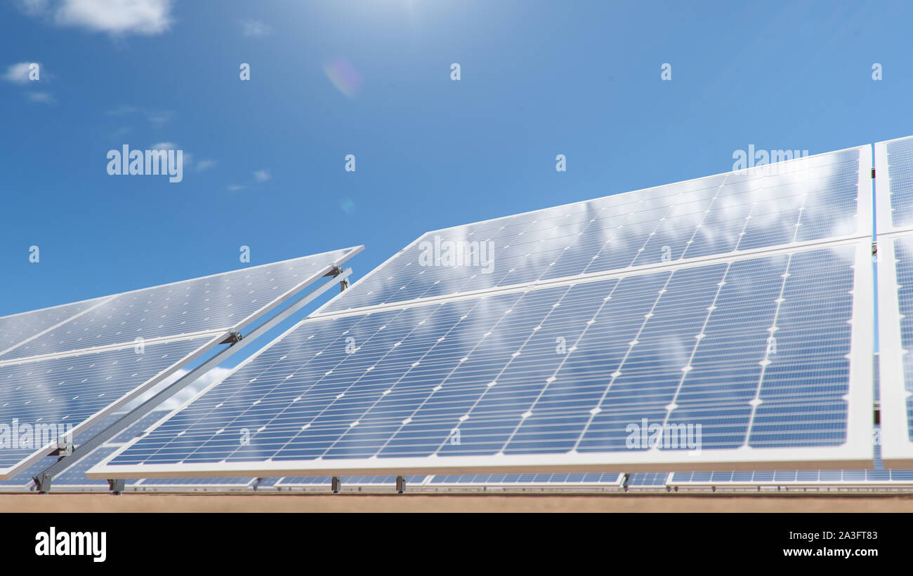 Solar panels. Alternative energy. Renewable energy concept. Ecological, clean energy. Photovoltaic solar panels, with reflection of a beautiful blue Stock Photo