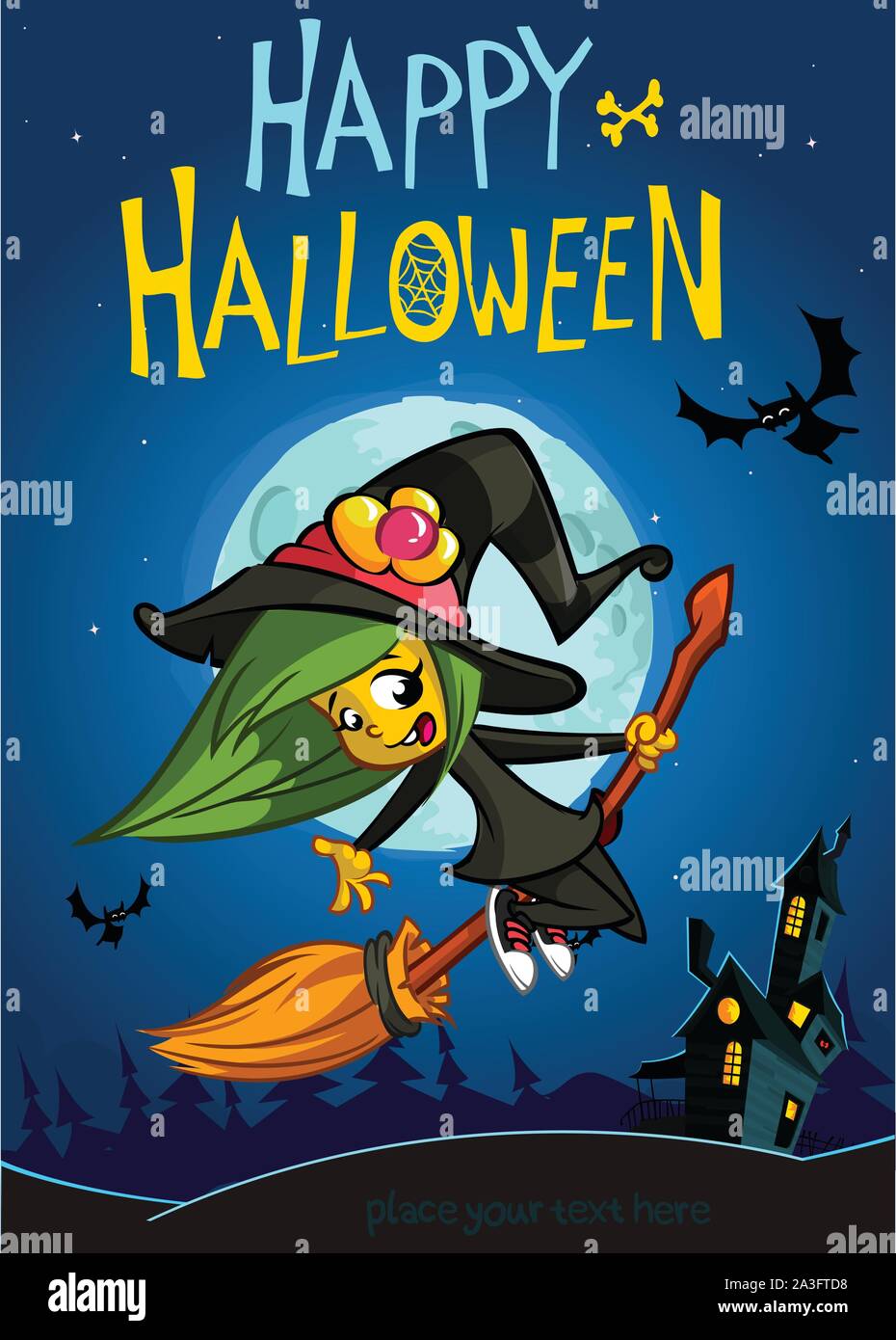 Cute witch flying on her broom. Vector Halloween party invitation Stock ...