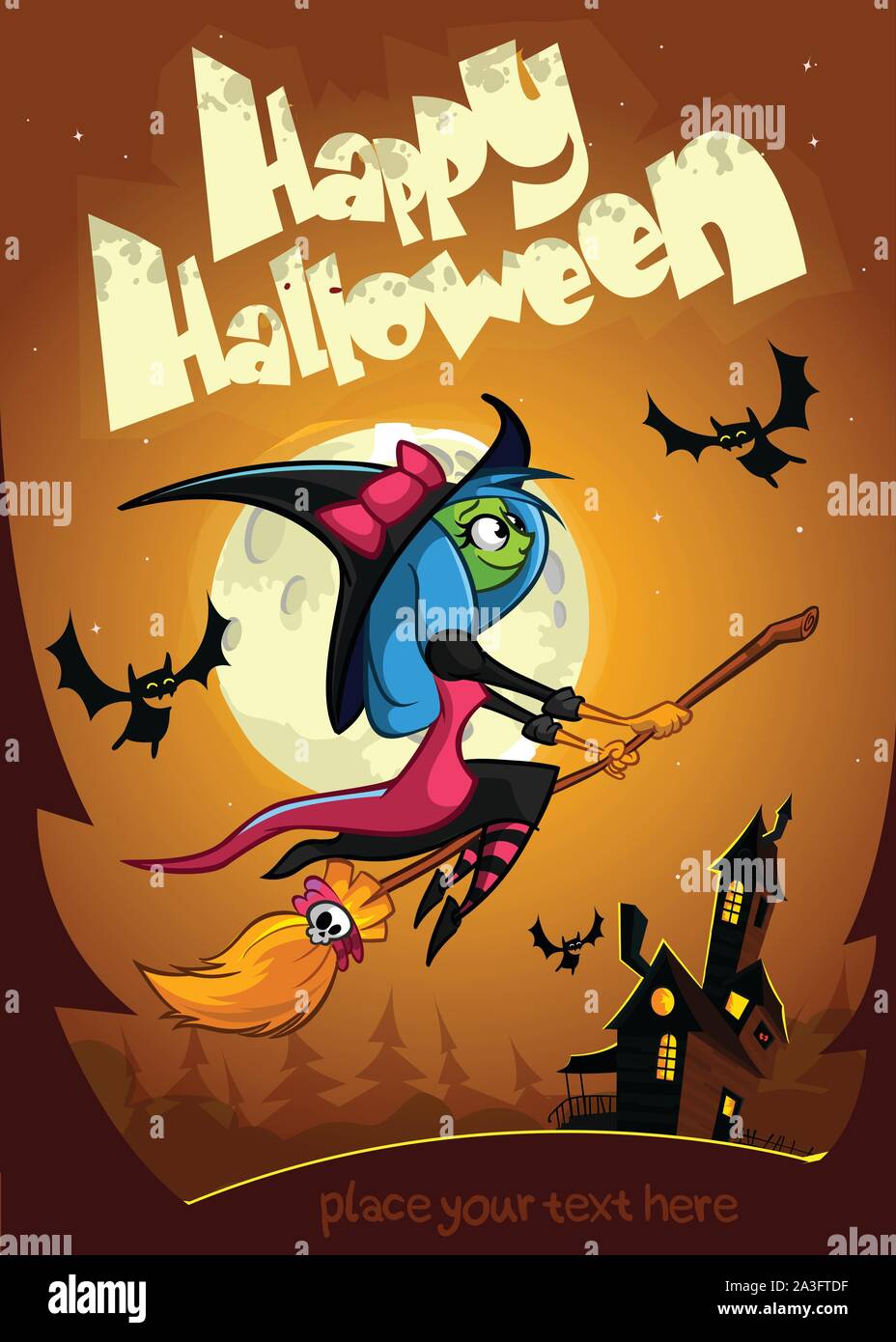 Cute witch flying on her broom on night background with hounted house ...