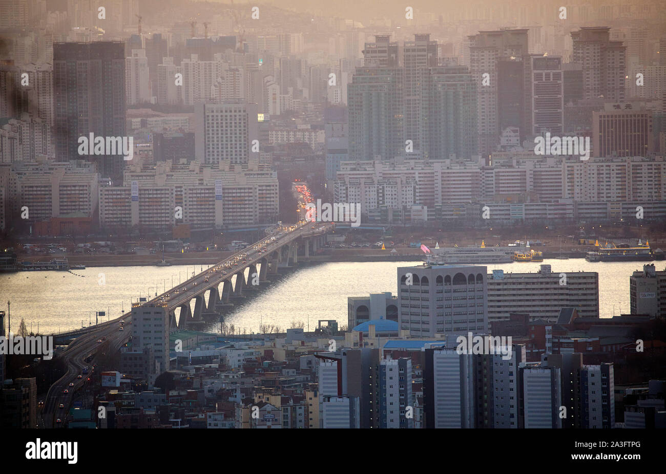 South Korea Seoul tower Panoramic view in sunset a lot of flats and