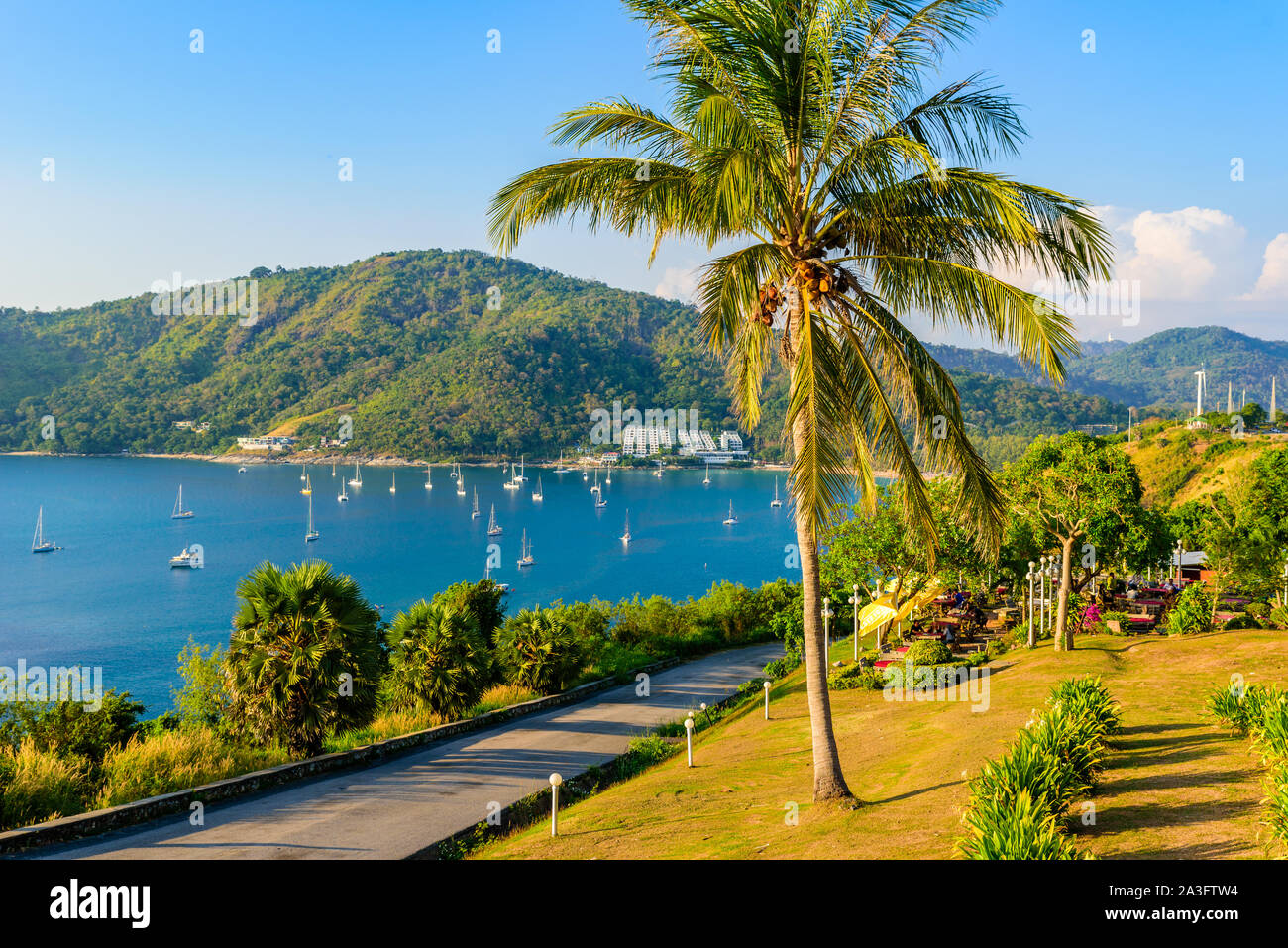 Phromthep cape viewpoint at sunset in Phuket, beautiful coast scenery on tropical island with paradise beaches, Thailand Stock Photo