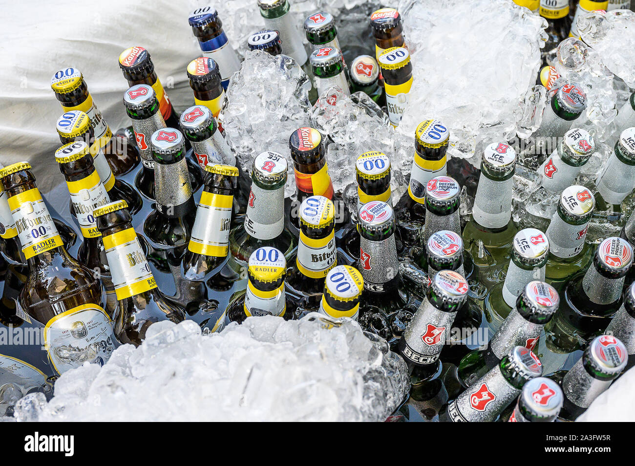 Ochtendung Germany 25.05.2019 Many bottled craft beers on ice in an
